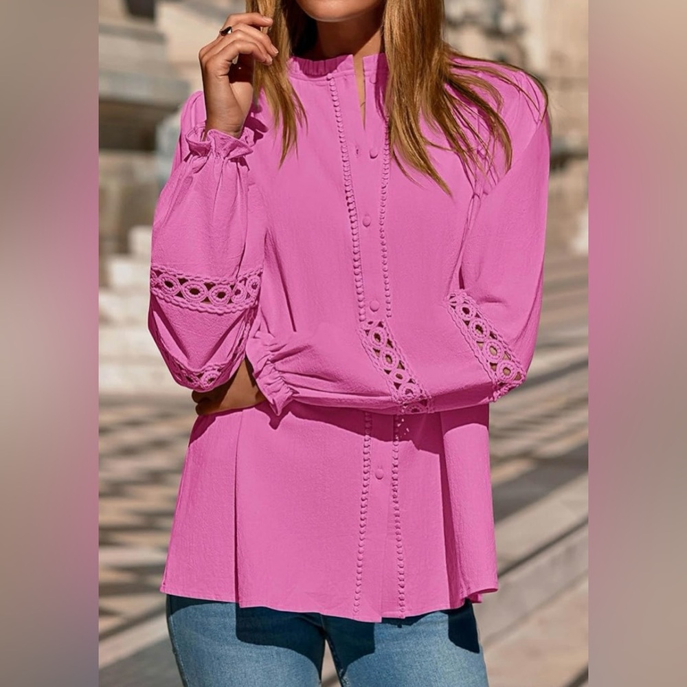 Hot Pink Peasant Embroidered Top | Long Sleeve & Buttons | Cotton | M | New